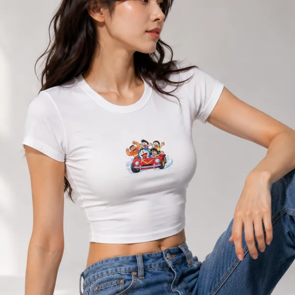 White_Cotton_Lycra_Relaxed_Doraemon_and_friends_Graphic_Print_Crop_Top_For_Women
