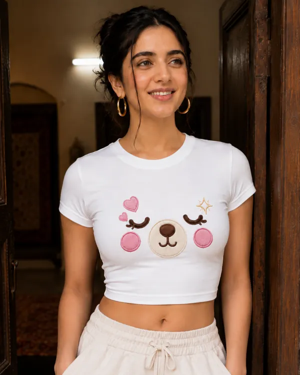 White_Cotton_Lycra_Relaxed_Dreamy_Bear_Graphic_Print_Crop_Top_For_Women