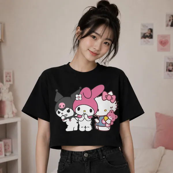 Black_Cotton_Lycra_Relaxed_Sanrio_Characters_Print_Crop_Top_For_Women