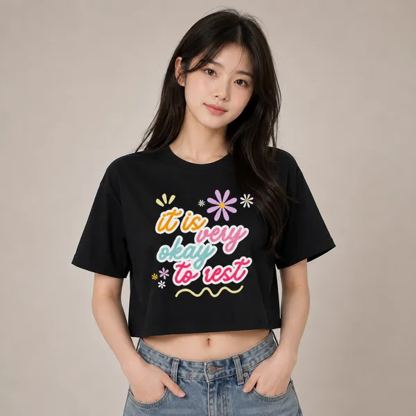 Black_Cotton_Lycra_Relaxed_Floral_Slogan_Graphic_Crop_Top_For_Women