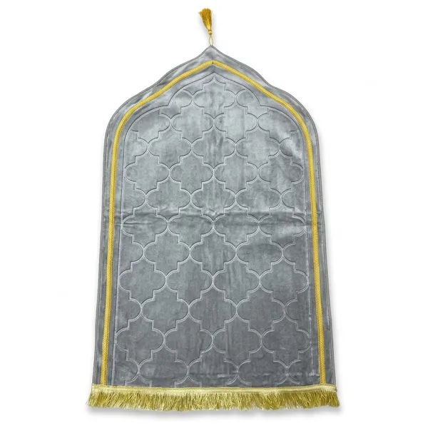 Grey_Velvet_Embossed_Islamic_Dome_Cut_Prayer_Mat