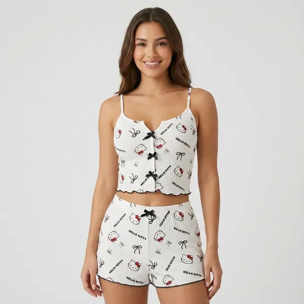 White_Chiffon_Ribbed_Hello_Kitty_Print_Cami_Shorts_Set_For_Women