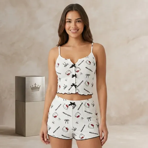 White_Chiffon_Ribbed_Hello_Kitty_Print_Cami_Shorts_Set_For_Women