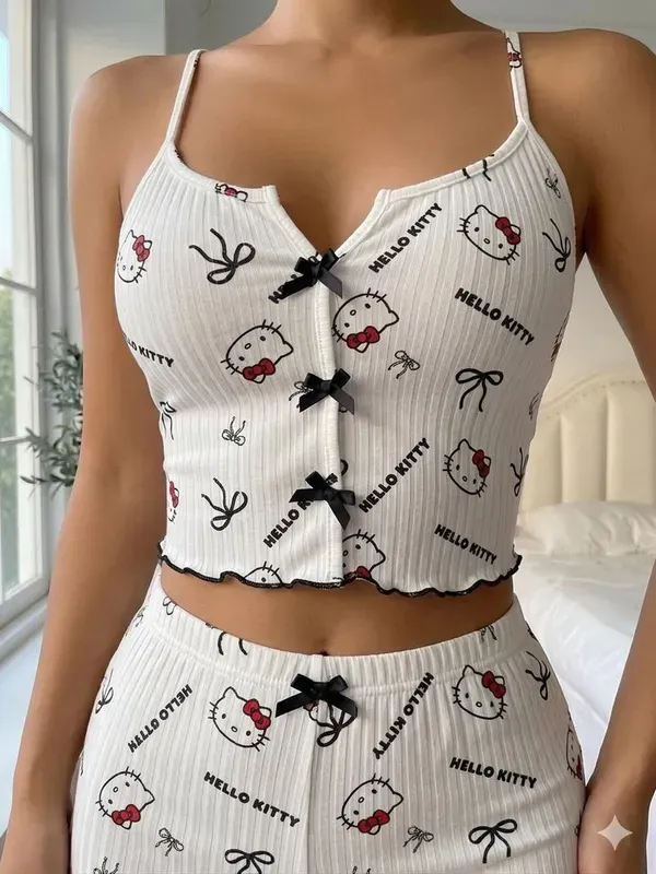White_Chiffon_Ribbed_Hello_Kitty_Print_Cami_Shorts_Set_For_Women