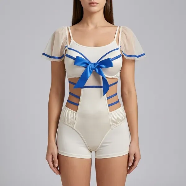 White_And_Blue_Chiffon_Bow_Detail_Sheer_Sleeve_Bodysuit_For_Women