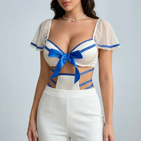 White_And_Blue_Chiffon_Bow_Detail_Sheer_Sleeve_Bodysuit_For_Women