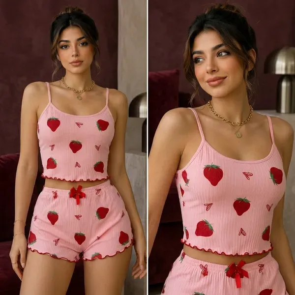 Pink_Ribbed_Strawberry_Print_Cami_Shorts_Set_For_Women