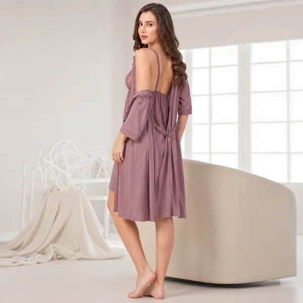 Beaufee_Women's_Malai_Fabric_Lace_Nightdress_with_Matching_Robe_|_Soft_Stretch_2-Piece_Nightwear_Set_|_Comfortable_Lounge_Wear_|_Dusty_Mauve