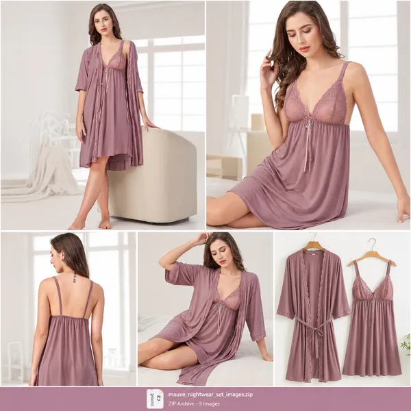 Beaufee_Women's_Malai_Fabric_Lace_Nightdress_with_Matching_Robe_|_Soft_Stretch_2-Piece_Nightwear_Set_|_Comfortable_Lounge_Wear_|_Dusty_Mauve