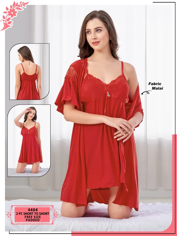 Beaufee_Women's_Padded_Malai_Fabric_Lace_Nightdress_with_Matching_Robe_|_Soft_Stretch_2-Piece_Nightwear_Set_|_Free_Size_|_Red