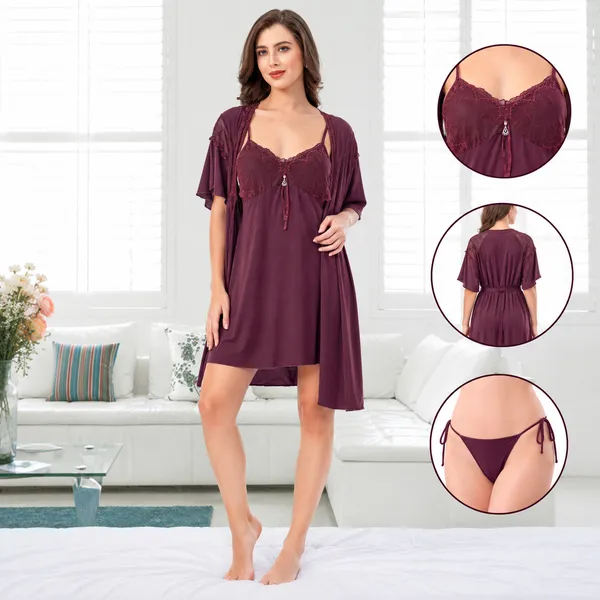 Beaufee_Women's_Padded_Malai_Fabric_Lace_Nightdress_with_Matching_Robe_|_Soft_Stretch_2-Piece_Nightwear_Set_|_Free_Size_|_Wine_Purple