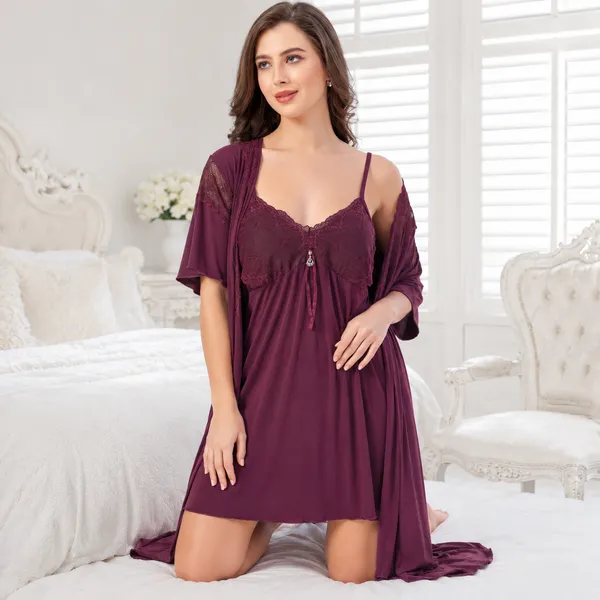 Beaufee_Women's_Padded_Malai_Fabric_Lace_Nightdress_with_Matching_Robe_|_Soft_Stretch_2-Piece_Nightwear_Set_|_Free_Size_|_Wine_Purple
