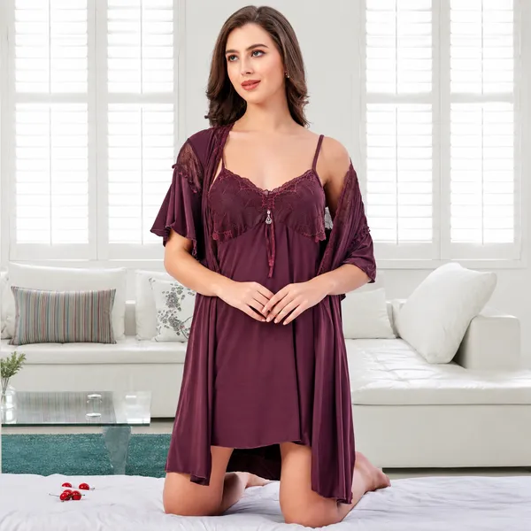Beaufee_Women's_Padded_Malai_Fabric_Lace_Nightdress_with_Matching_Robe_|_Soft_Stretch_2-Piece_Nightwear_Set_|_Free_Size_|_Wine_Purple