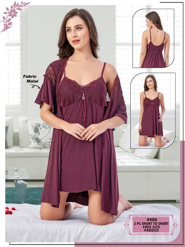 Beaufee_Women's_Padded_Malai_Fabric_Lace_Nightdress_with_Matching_Robe_|_Soft_Stretch_2-Piece_Nightwear_Set_|_Free_Size_|_Wine_Purple