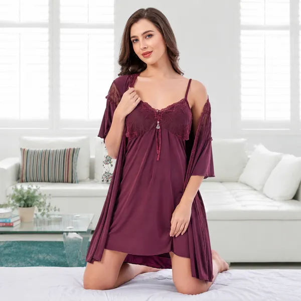 Beaufee_Women's_Padded_Malai_Fabric_Lace_Nightdress_with_Matching_Robe_|_Soft_Stretch_2-Piece_Nightwear_Set_|_Free_Size_|_Wine_Purple
