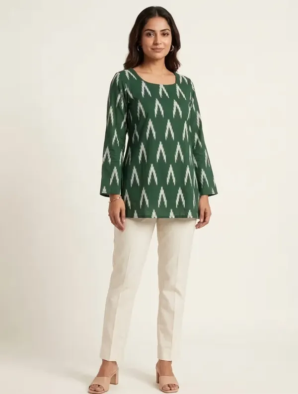Bottle_Green_Ikat_Printed_Rayon_Short_Kurti_For_Daily_Wear
