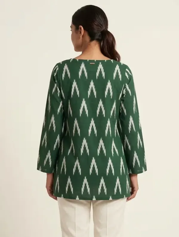 Bottle_Green_Ikat_Printed_Rayon_Short_Kurti_For_Daily_Wear