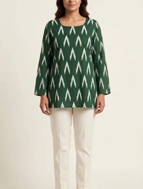 Bottle_Green_Ikat_Printed_Rayon_Short_Kurti_For_Daily_Wear