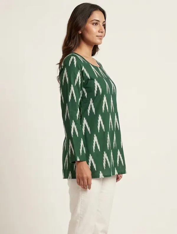 Bottle_Green_Ikat_Printed_Rayon_Short_Kurti_For_Daily_Wear