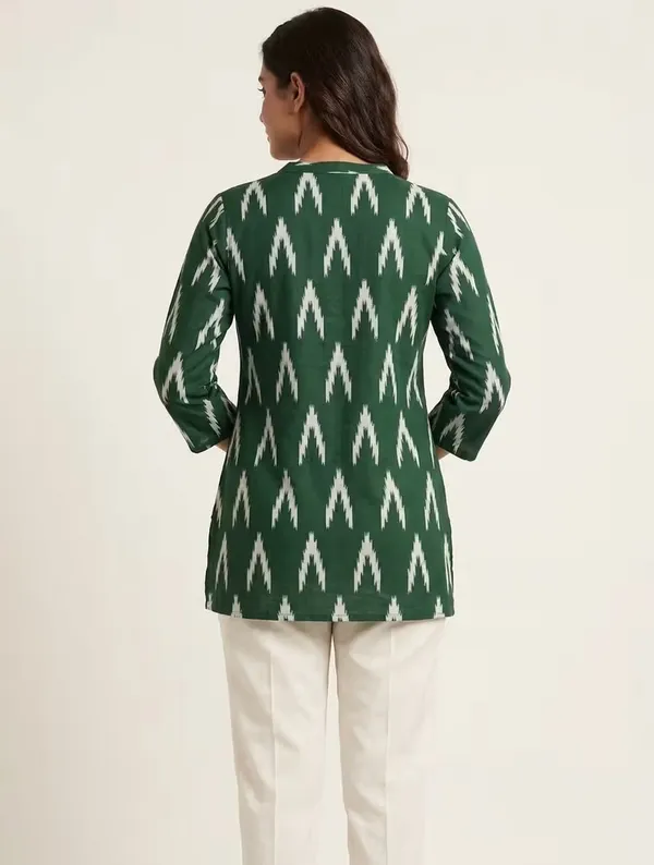 Bottle_Green_Ikat_Printed_Rayon_Short_Kurti_For_Daily_Wear