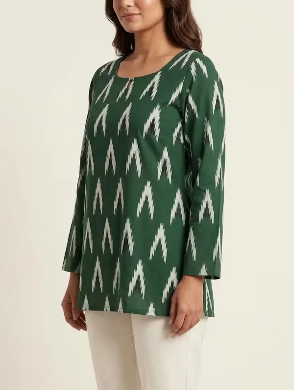 Bottle_Green_Ikat_Printed_Rayon_Short_Kurti_For_Daily_Wear