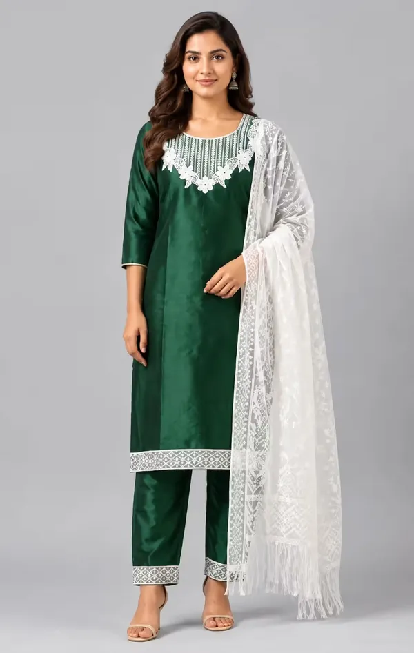 Bottle_Green_Straight_Kurta_Set_With_Lace_Dupatta
