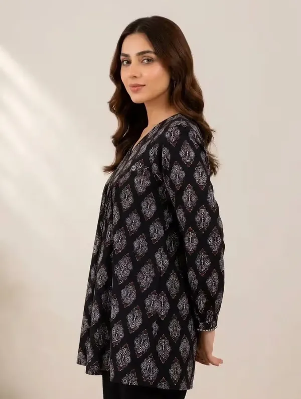 Black_Ethnic_Printed_Rayon_Flared_Kurti_For_Women