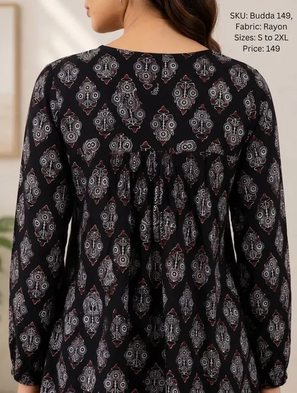 Black_Ethnic_Printed_Rayon_Flared_Kurti_For_Women