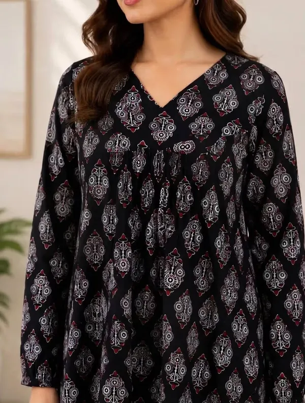 Black_Ethnic_Printed_Rayon_Flared_Kurti_For_Women