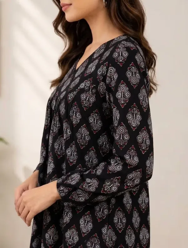 Black_Ethnic_Printed_Rayon_Flared_Kurti_For_Women