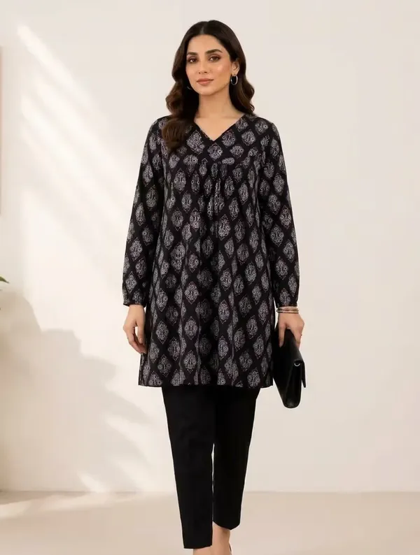Black_Ethnic_Printed_Rayon_Flared_Kurti_For_Women