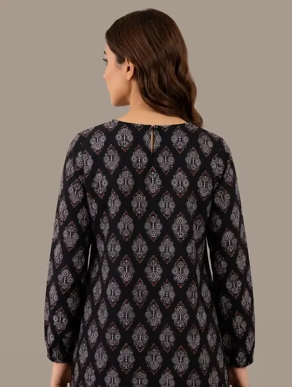 Black_Ethnic_Printed_Rayon_Flared_Kurti_For_Women
