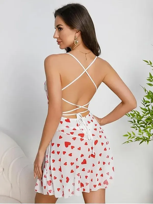 White_And_Red_Chiffon_Heart_Print_Spaghetti_Strap_Fit_Flare_Dress_For_Wom_More