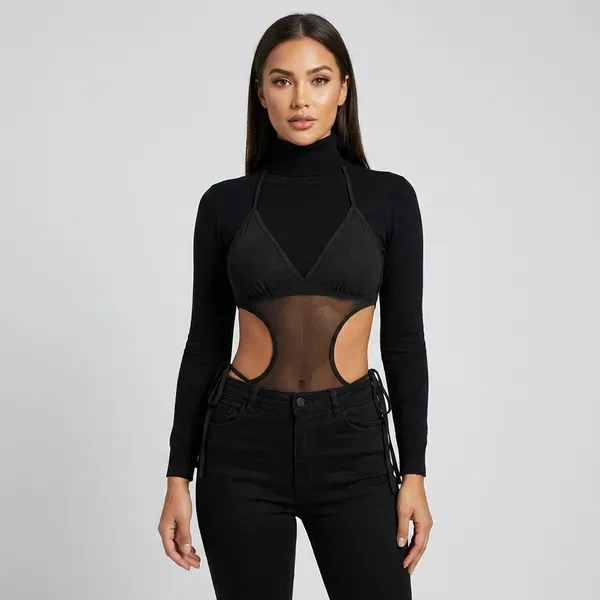 Black_Chiffon_Mesh_Deep_V_Teddy_Bodysuit_For_Women