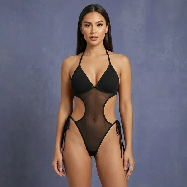 Black_Chiffon_Mesh_Deep_V_Teddy_Bodysuit_For_Women
