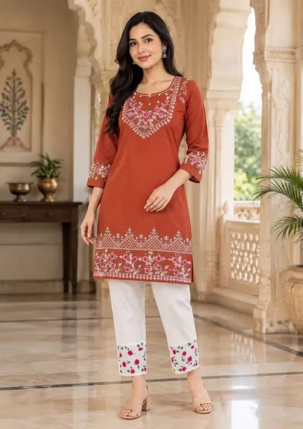 Rust_Orange_Embroidered_Pure_Cotton_Tunic_And_Pants_Co-Ord_Set