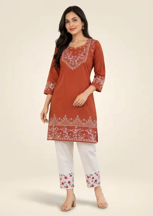Rust_Orange_Embroidered_Pure_Cotton_Tunic_And_Pants_Co-Ord_Set