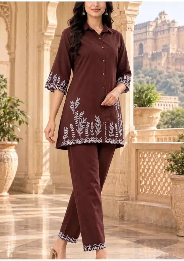 Chocolate_Brown_Embroidered_Pure_Cotton_Co-Ord_Set