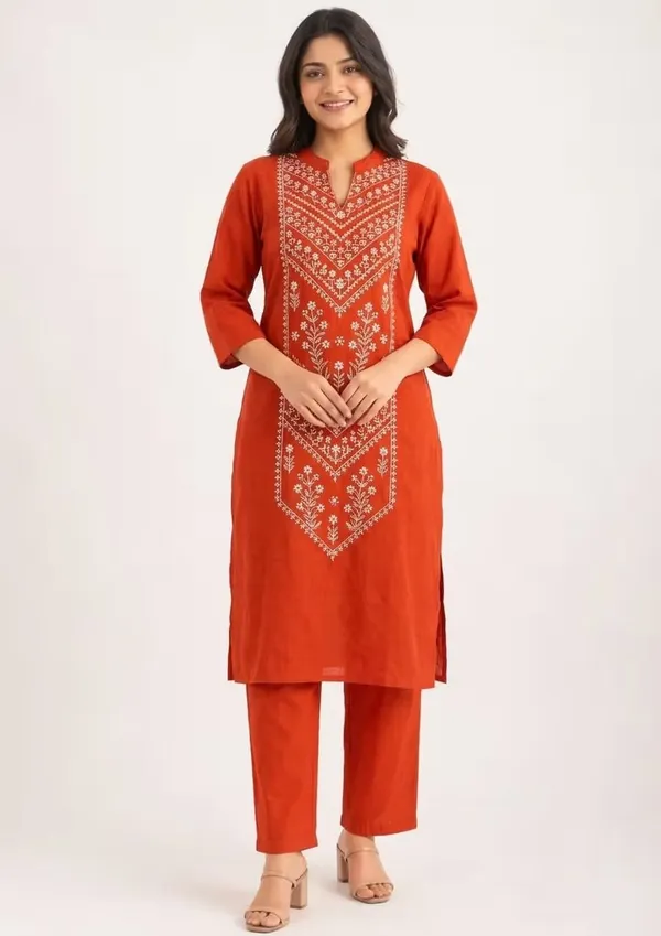 Burnt_Orange_Floral_Embroidered_Pure_Cotton_Co-Ord_Set