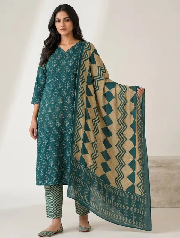 Teal_Green_Printed_Pure_Cotton_Straight_Kurta_Set_With_Dupatta