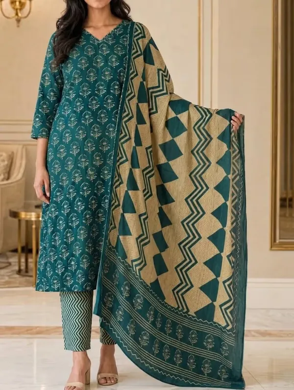 Teal_Green_Printed_Pure_Cotton_Straight_Kurta_Set_With_Dupatta