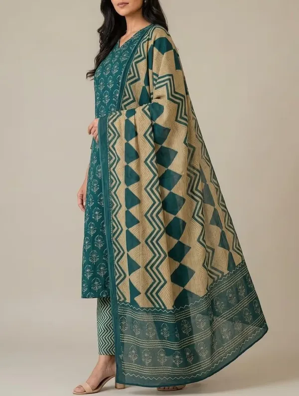 Teal_Green_Printed_Pure_Cotton_Straight_Kurta_Set_With_Dupatta
