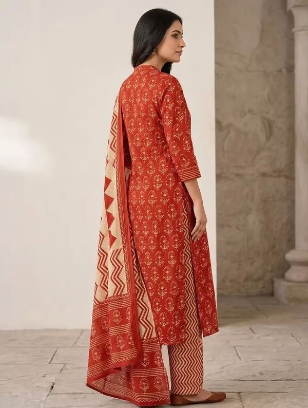 Rust_Red_Block_Printed_Pure_Cotton_Straight_Kurta_Set_With_Dupatta