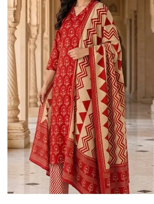 Rust_Red_Block_Printed_Pure_Cotton_Straight_Kurta_Set_With_Dupatta