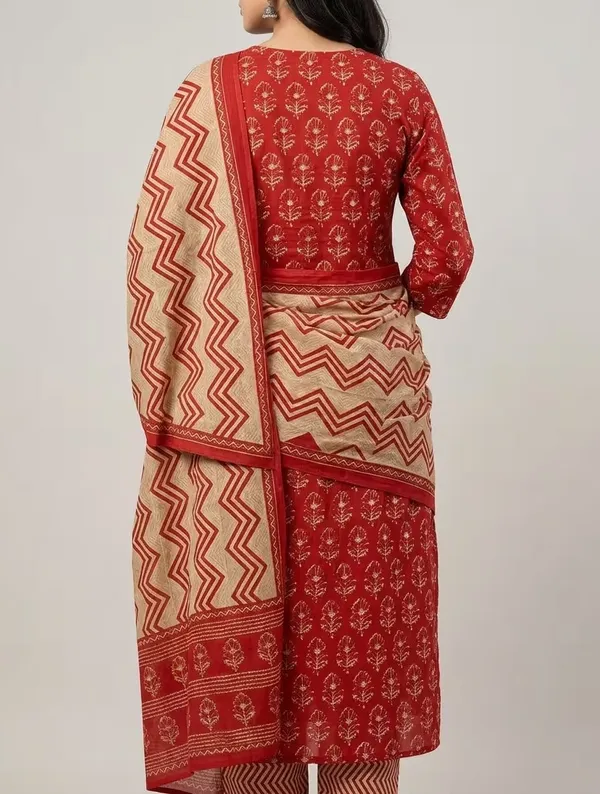Rust_Red_Block_Printed_Pure_Cotton_Straight_Kurta_Set_With_Dupatta