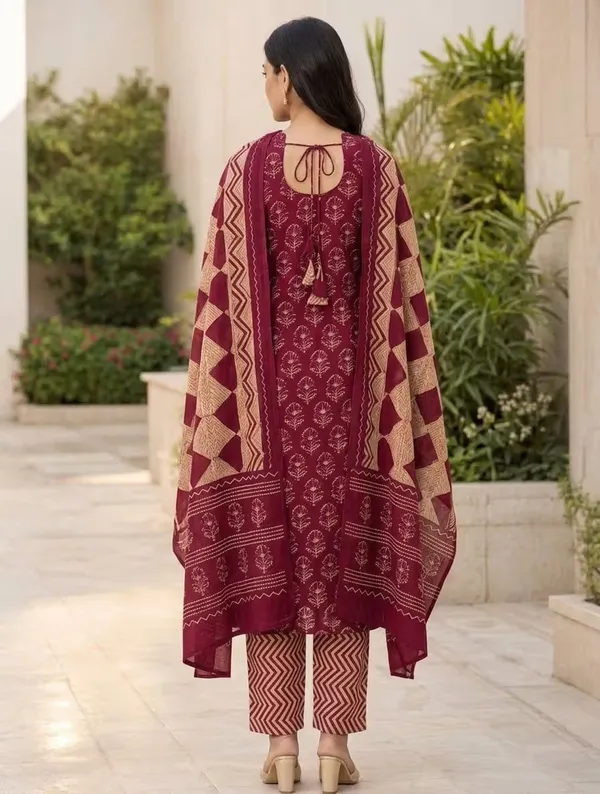 Maroon_Ethnic_Floral_Printed_Pure_Cotton_Kurta_Set_With_Dupatta