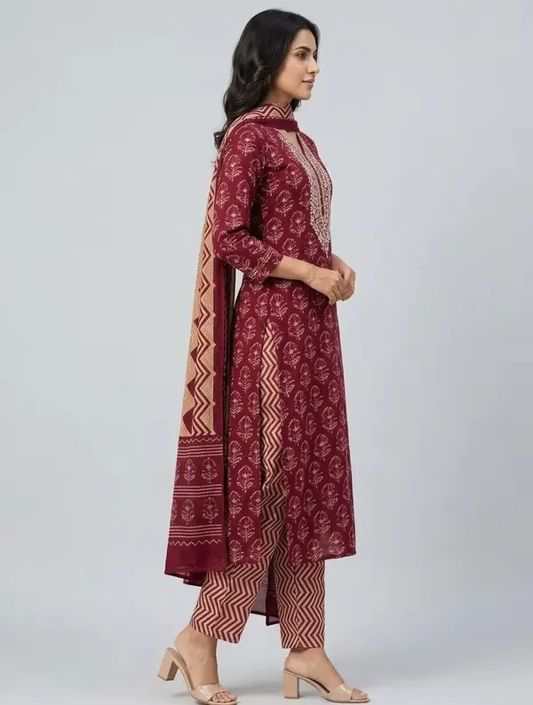 Maroon_Ethnic_Floral_Printed_Pure_Cotton_Kurta_Set_With_Dupatta