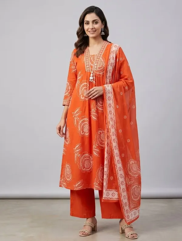 Vibrant_Orange_Floral_Printed_Pure_Cotton_Kurta_Set_With_Dupatta