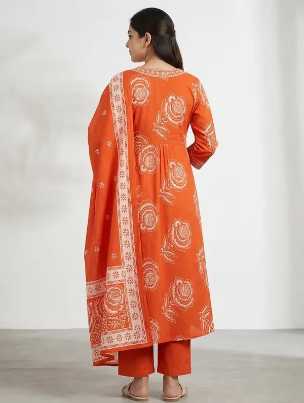 Vibrant_Orange_Floral_Printed_Pure_Cotton_Kurta_Set_With_Dupatta