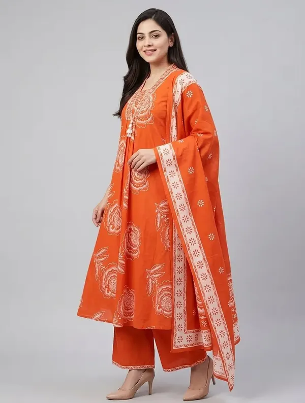 Vibrant_Orange_Floral_Printed_Pure_Cotton_Kurta_Set_With_Dupatta